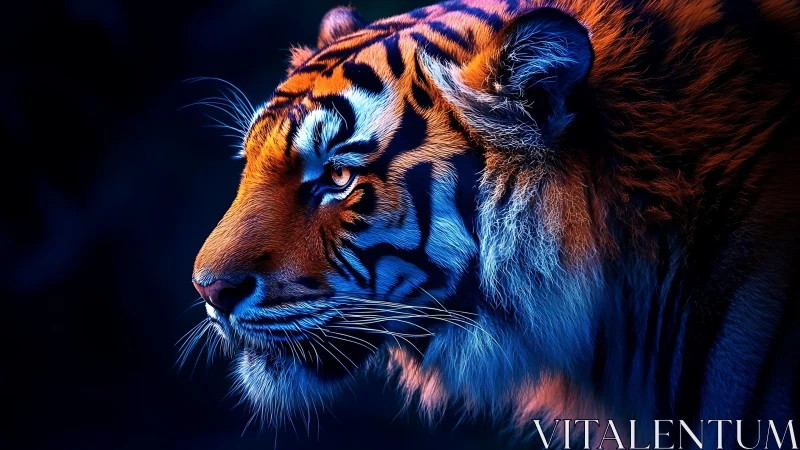Neon-lit tiger portrait in intense blue and orange glow.