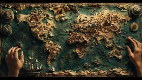 Tactile 3D world map relief with sculpted continents and ships