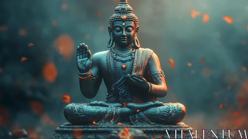 Gentle meditating Buddha statue welcomes calm and quiet hearts