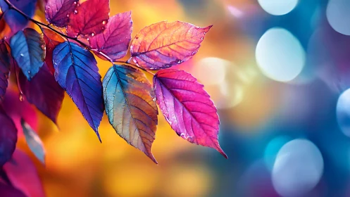 Multicolored leaves against blurred bokeh background.
