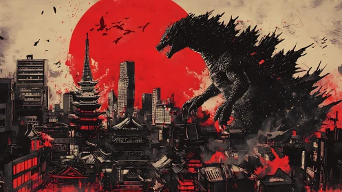 Godzilla silhouette towers over stylized burning Tokyo skyline