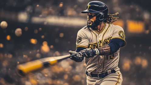 Bat slices golden dusk as baseball freezes mid-flight