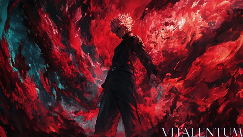 White haired warrior stands within swirling red vortex