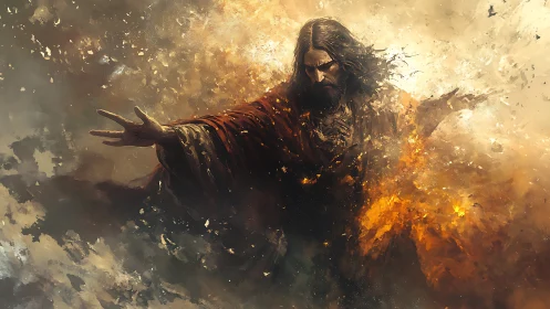 Mystic robed figure commands swirling fire and smoke