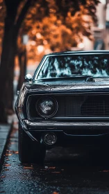 Front view of classic car on wet urban street at dusk.