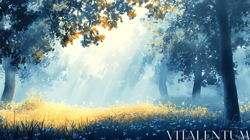 Misty Forest Clearing With Golden Light Rays