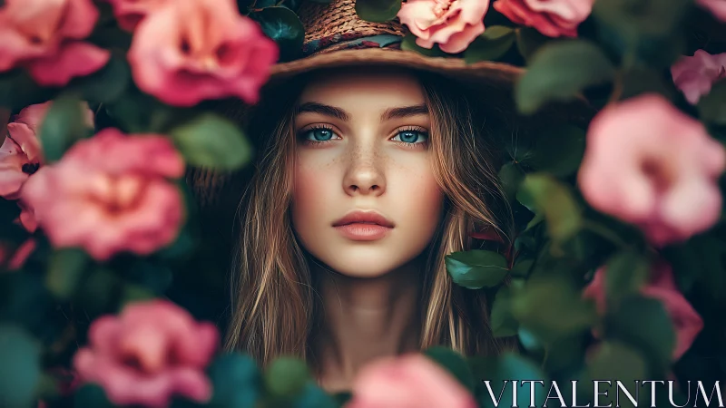 Young woman framed by pink flowers maintains direct gaze