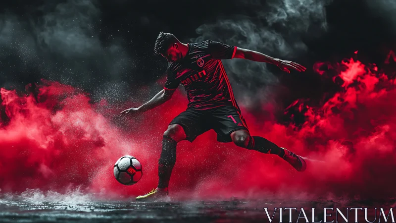 Soccer player striking ball amid red and black smoke clouds.