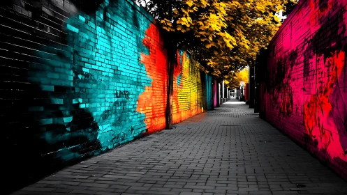 Vivid urban alleyway with high-saturation graffiti walls.