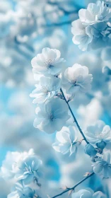 White blossoms cluster on delicate branch against soft blue