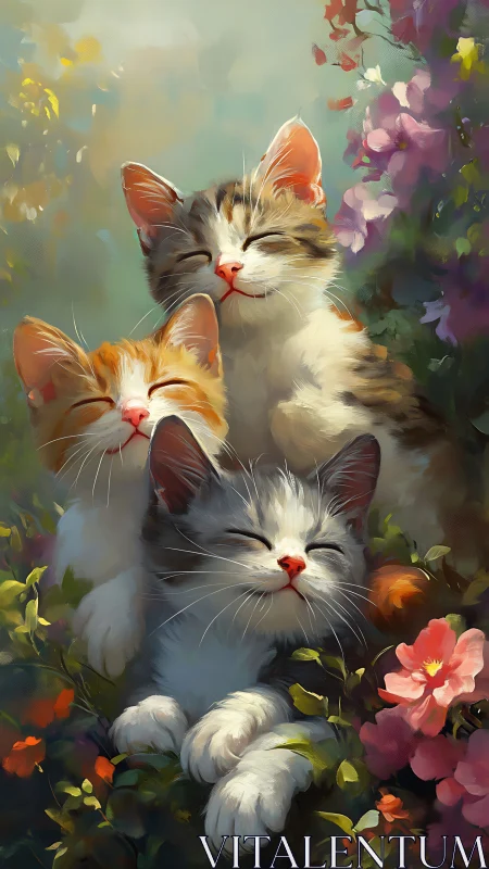 Three Cats in Blooming Garden: Digital Painterly Portrait.