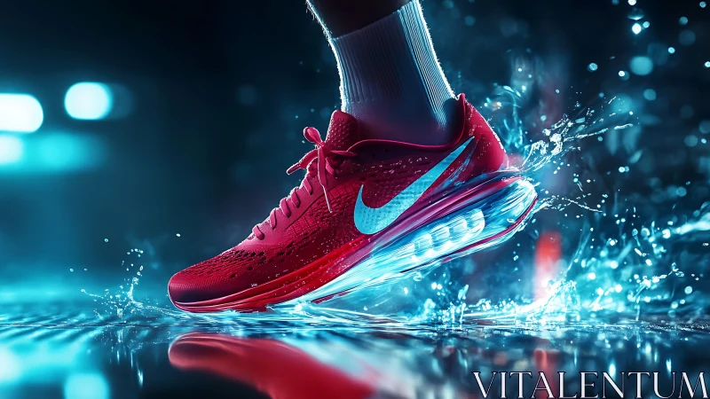 Cyberpunk athletic sneaker splash in dynamic low-key lighting.