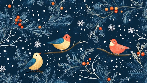 Stylized winter songbirds on pine branches with repeating vector layout