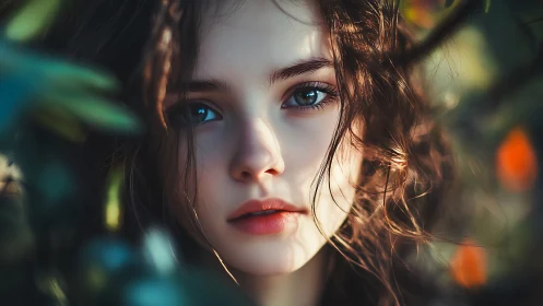 Hyperreal close-up portrait of young woman in dappled foliage