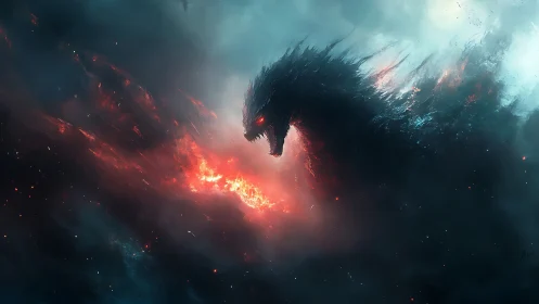 Colossal fire-breathing kaiju emerges through storm-lit smoke