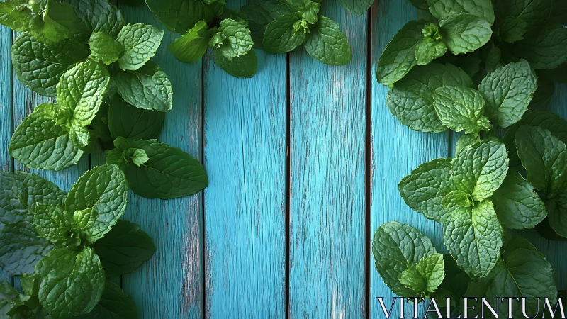 Fresh mint leaves framing distressed turquoise boards.