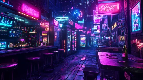 Neon-saturated cyberpunk bar alley with emissive signage and wet paving