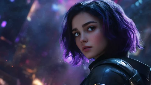 Cyberpunk girl with purple hair in neon city nightscape.