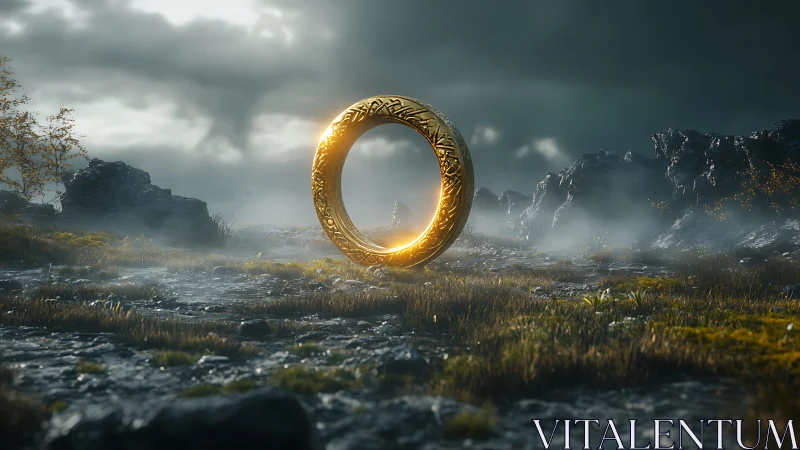 Golden mystical ring hovering over misty rocky plain.
