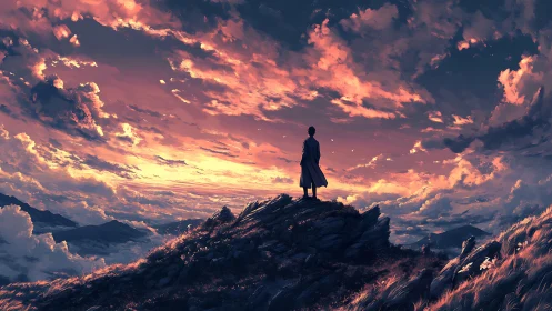 Solitary figure on mountain ridge under vivid sunset sky.