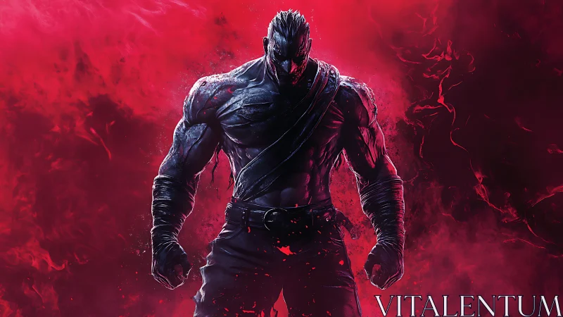 Shadowed warrior emerging from fierce red storm of power.