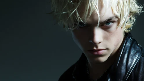 Close-up portrait of young man in dark studio setting.