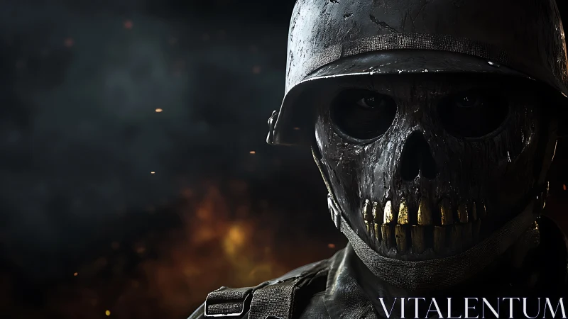 Armored skull soldier emerging from burning battlefield haze.