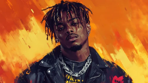 Digital portrait of moody man against vivid orange flames