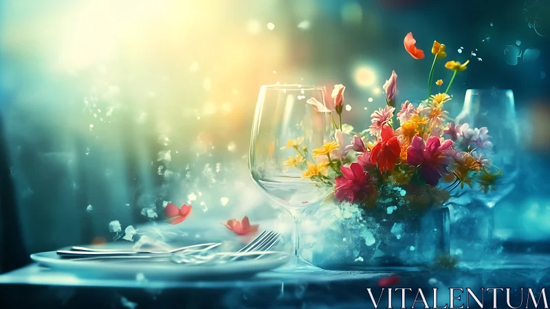 Ethereal dining tableau merges glassware, florals and refracted light