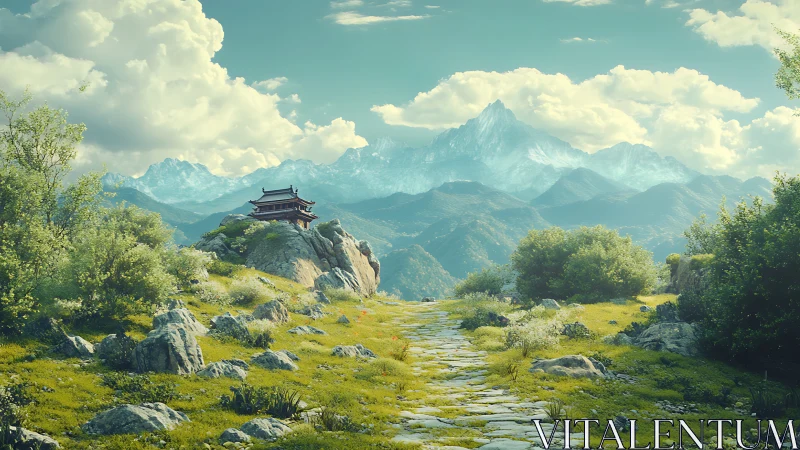 Stone path to mountain temple under bright sky.