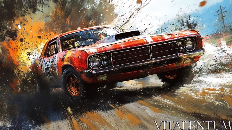 Rusted muscle car drifting through explosive painterly debris
