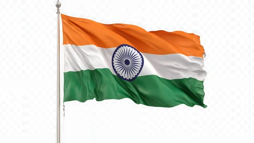 Tricolour flag with central wheel is rendered on metal pole