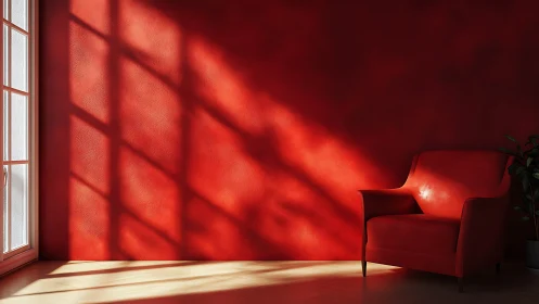 Crimson lounge chair in sunlit minimalist interior scene.