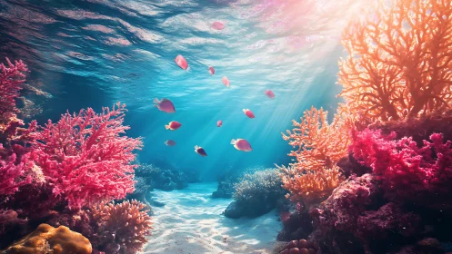 Digital coral reef seascape with luminous volumetric lighting.