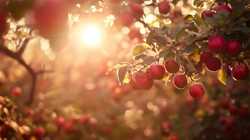 Sun-drenched apple boughs glowing in a golden harvest haze.