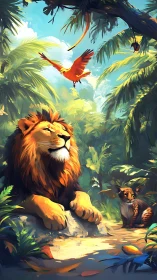 Jungle King: Lion with Macaw and Cub in Tropical Canopy