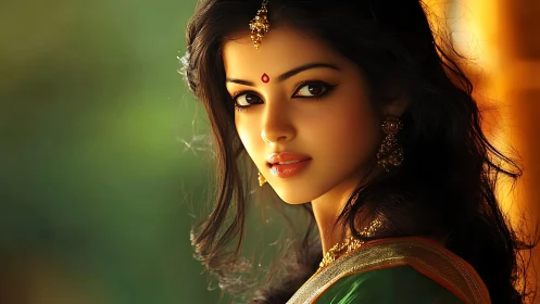 Woman with traditional jewelry looks at camera in warm light