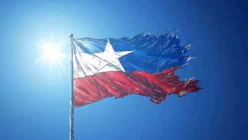 Lone Star flag ripples under bright midday sun in sky