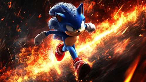 Blue speedster dashes through a glowing river of fire.