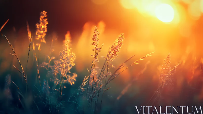 Backlit meadow grasses glow in warm golden hour sunset.