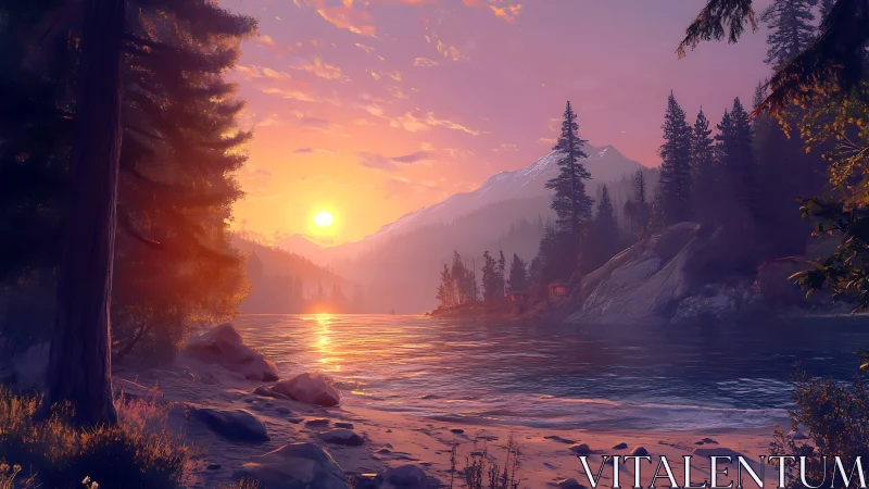 Sunset over forested lake with distant snow peak. Period.