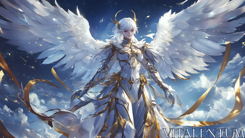 Winged celestial warrior in ornate gold armor amid stratified clouds
