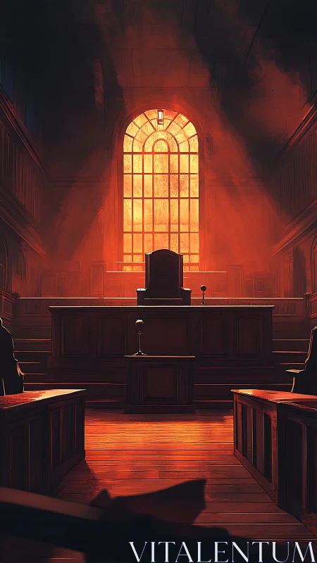 Sunlit judge&rsquo;s bench glows within a silent courtroom.