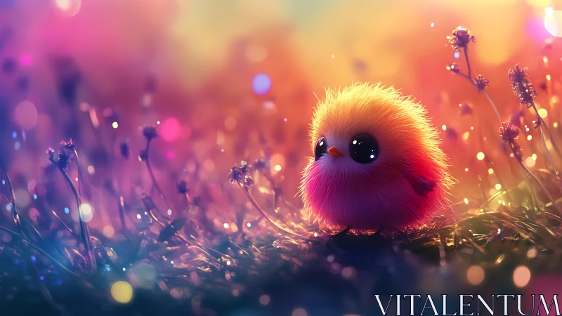 Tiny dawn-bright chick in a dreamy rainbow meadow glow.
