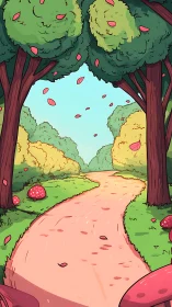 Path through autumn landscape with falling pink leaves