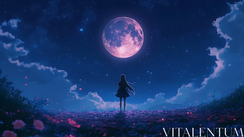 Girl silhouetted under large moon in starry night sky.