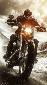Motorcyclist accelerates through wet winter road under dynamic backlight