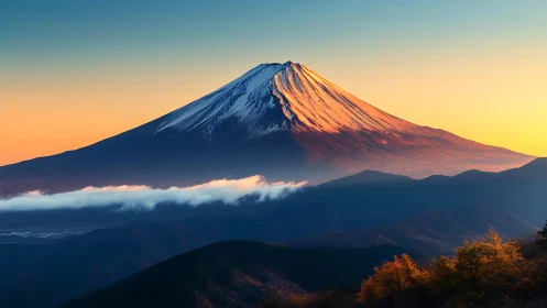 Photorealistic alpine volcano at sunrise with layered valleys.