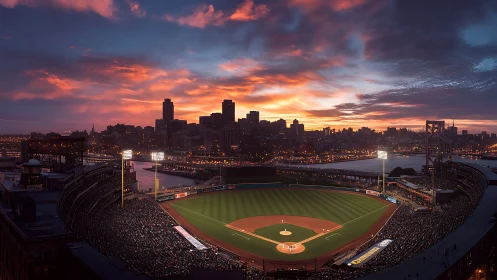 Sunset stadium symphony over river-lit downtown skyline.