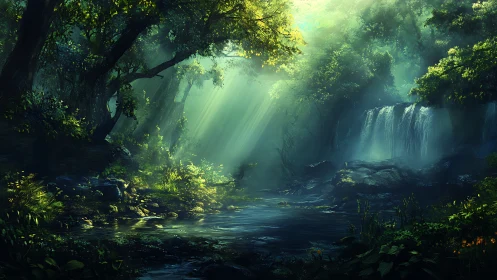 Misty Forest Waterfall with Ancient Trees and Stream